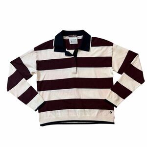 Scotch & Soda Maroon and Cream Striped Polo Long Sleeve Top